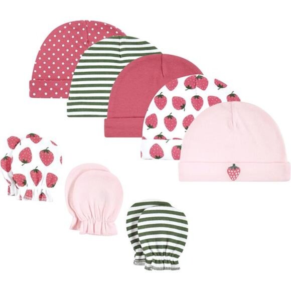 Baby Strawberry Pink‎ Unisex Baby Cotton Cap and Scratch Mitten Set for Girls - Picture 1 of 6